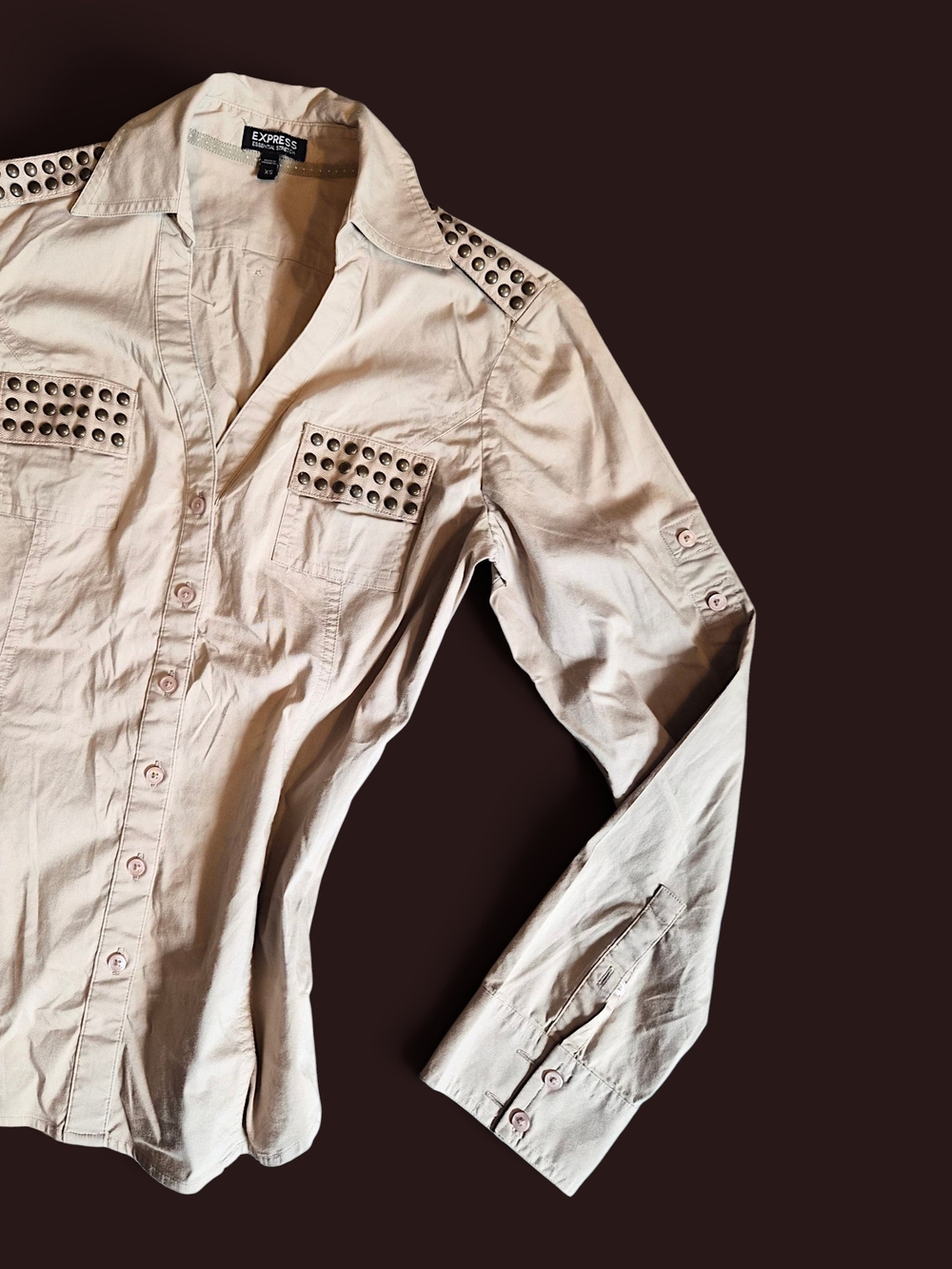 Express Essential Stretch Studded Military Button Down Shirt Tan XS